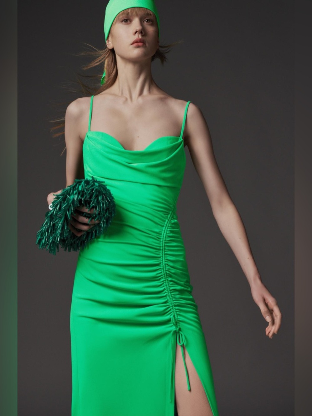 Zara Bright Green Cowl Neckline Ruched Slit Thigh Spaghetti Strap Maxi Dress XS